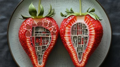 “La fraise robotique passée au crible” (Qant, M. de R. avec Midjourney) 