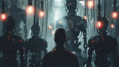 “Une IA contrôlée par la main de l’homme” (Qant, M. de R. avec Midjourney)