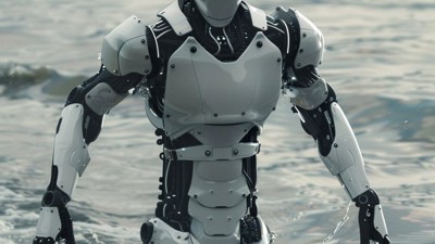 “Un nouveau robot sort de l’eau”( Qant, M. de R. avec Midjourney)