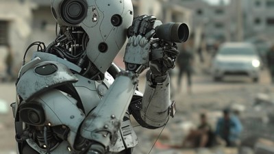 “Le robot prend des photos à Gaza” (Qant, M. de R. avec Midjourney) “Le robot prend des photos à Gaza” (Qant, M. de R. avec Midjourney)