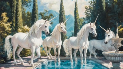 “Unicorns searching for pearls, poolside”  (Qant, M. de R. avec Midjourney) 