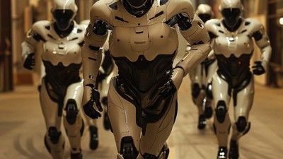 “La course des robots humanoïdes” (Qant, M. de R. avec Midjourney)