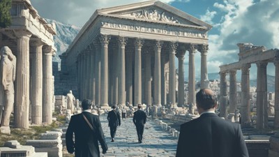 Les banquiers se précipitent à l’Agora (Qant, M. de R. avec Midjourney)