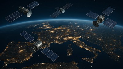 Des satellites au-dessus de Paris. • Qant, M. de R. avec Midjourney