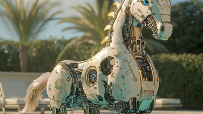 La licorne code à la piscine • Qant, M. de R. avec Midjourney